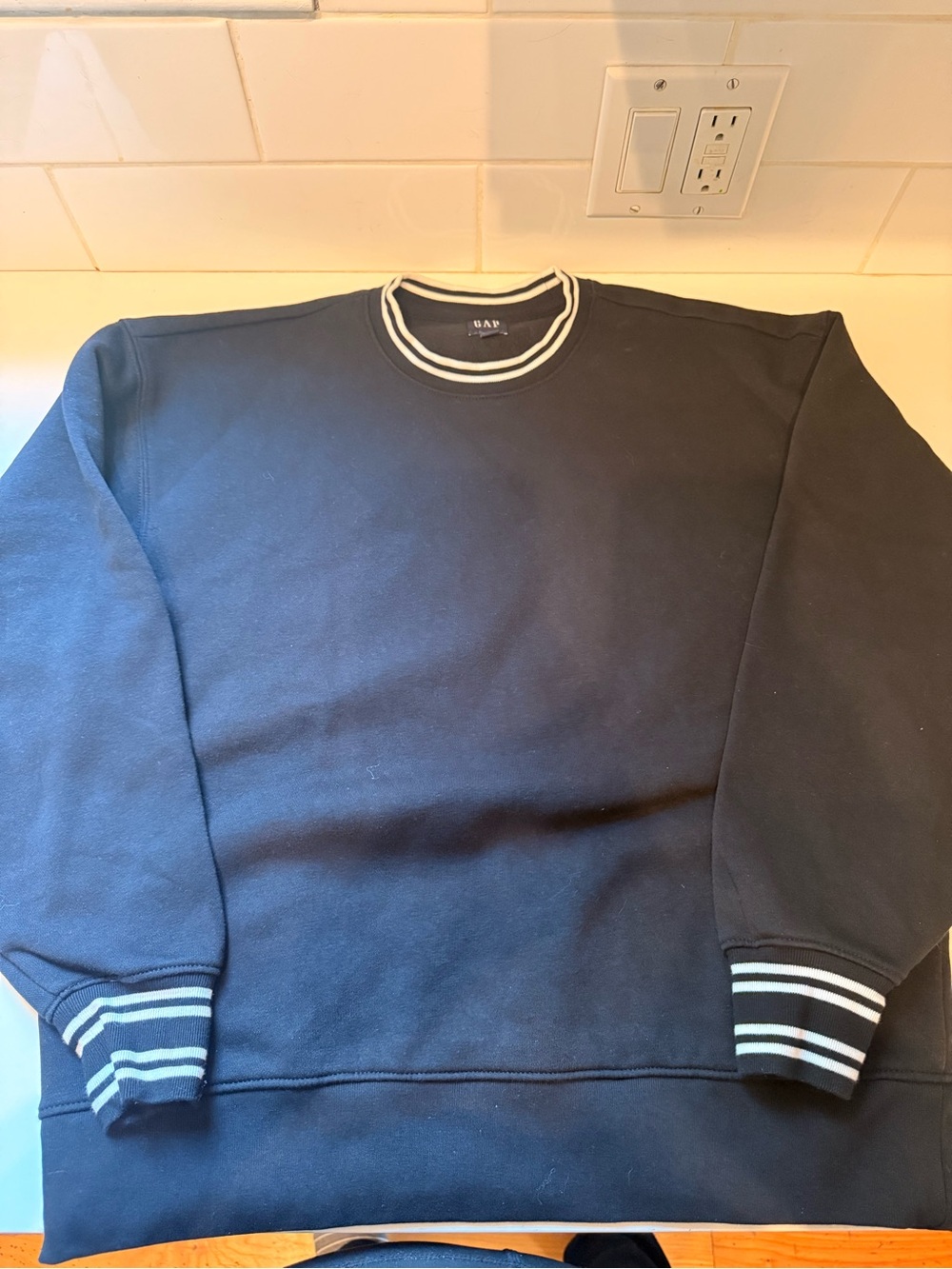 GAP Navy Crewneck Sweater with White Striped Trim
